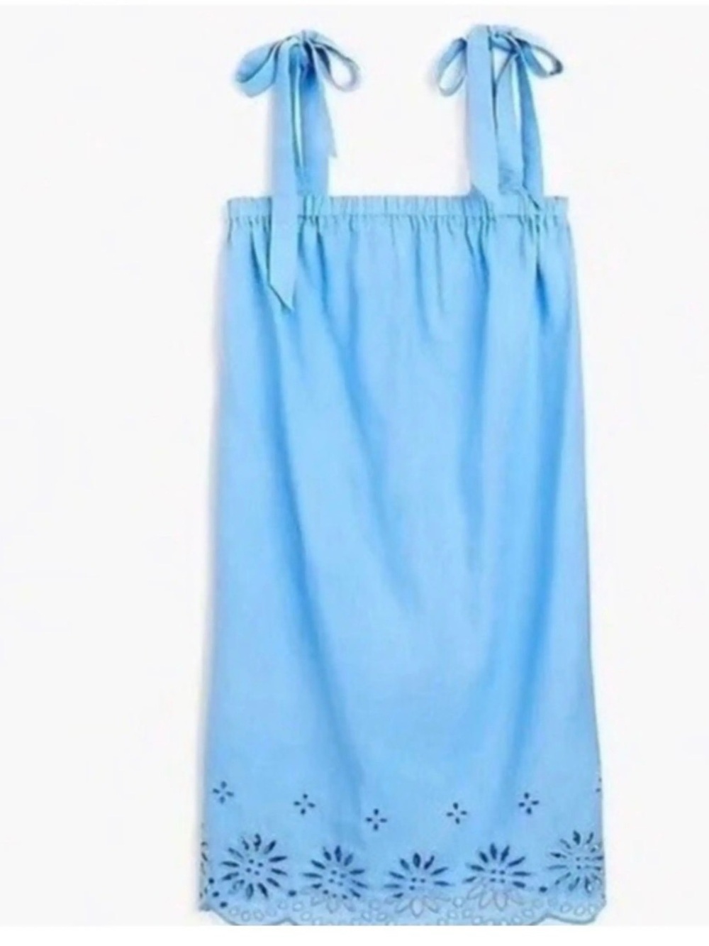 J. Crew Light Blue tie-shoulder dress features floral embroidery along the hem.